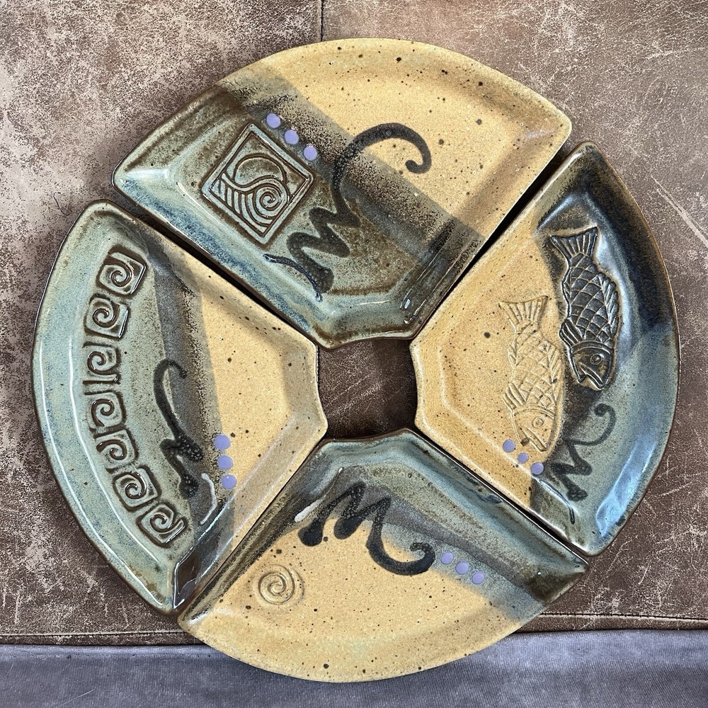 Handmade Studio Pottery 4 Piece Fan Plate Set Tan Green Fish Motif 13in Total